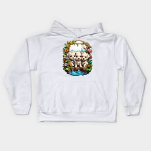 Three White Puppies playing in the mystic garden Kids Hoodie